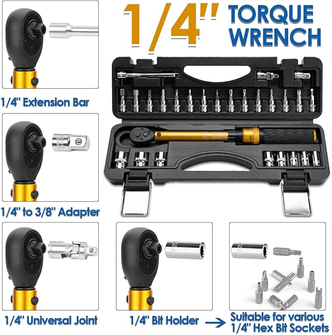 1/4 Inch Drive Bike Torque Wrench, 1-25 Nm (10-222.5 in.lb), 27 PCS Click Bicycle Torque Wrench with Bit Sockets, 0.1 Nm Micro, 72-Tooth Ratchet, 3/8 Adapter, for MTB, E-Bike, Motorcycle