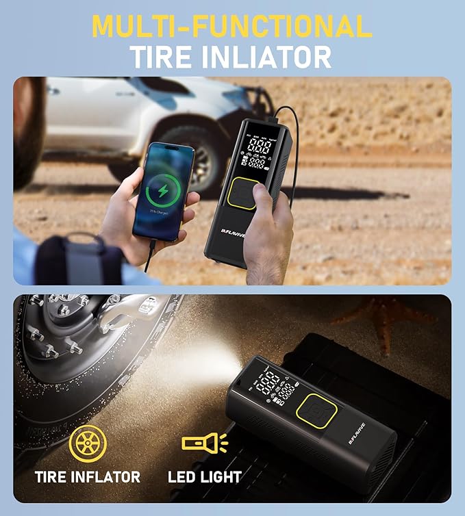 Tire Inflator Portable Air Compressor, 150 PSI Cordless Air Pump for Car Tires with Digital Pressure Gauge, 3X Faster Tire Pump for Cars, Motorcycle, Bicycle, Balls with LED Light, Auto Shut-Off