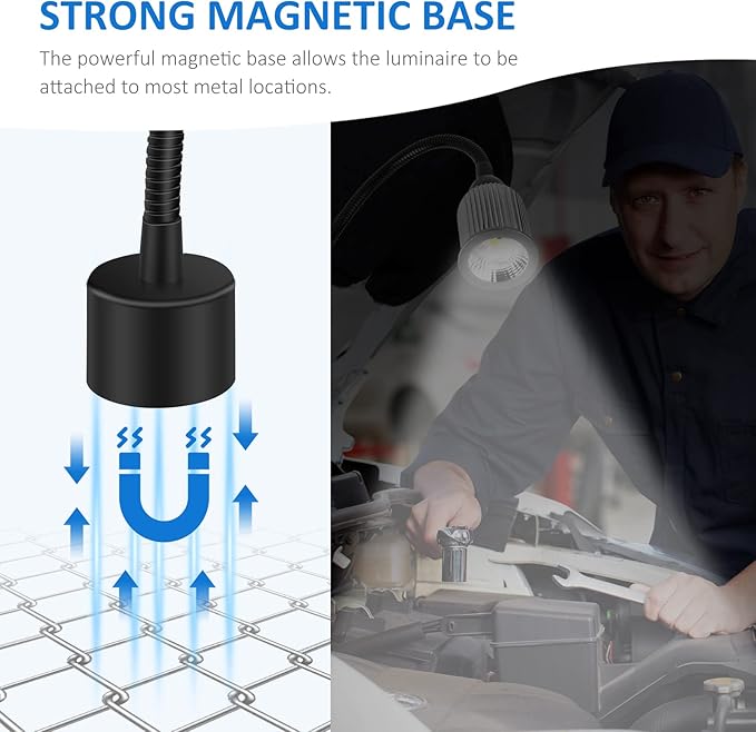 10W Magnetic Machine LED Work Light with Flexible Gooseneck and Magnetic Base, 1000lm, 6500k Magnetic Base Tool Lamp for Work Bench, lathe, Sewing Machine, Grill, Shop, Industrial Lighting