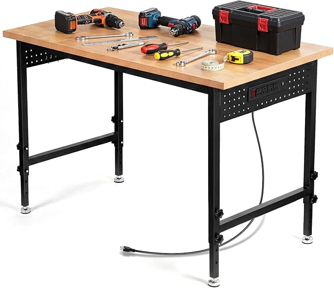 48" Adjustable Heavy Duty Workbench - 2000LBS Load Capacity Wood Work Table with Power Strip, Pegboard with 6 Hooks - Ideal Workbench for Garage, Workshop, Office, Home, Commercial Use