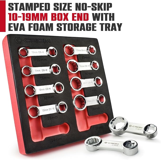 CROM Torque Adapter Extension Set - 10mm to 19mm 3/8" Drive 12-Point Box End Torque Wrench Adapter with EVA Foam Tray, Made from Corrosion-Resistant CR-V Steel and Chrome Finish