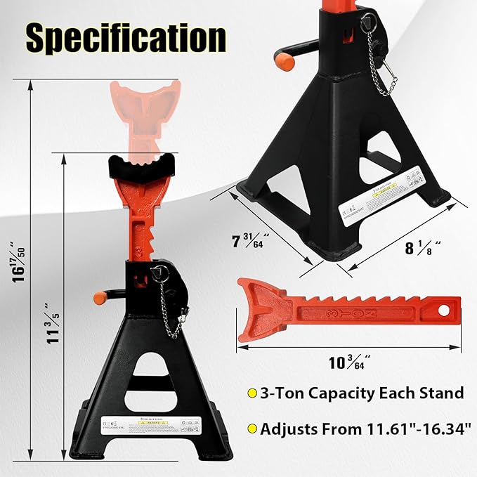 Upgraded Jack Stands 3 Ton (6,600 LBs) with 2 Crossbars and Double Pin Locking,Safe and Stable,Jack Stands 11.61"-16.34" Adjustable with Rubber Pads for Trucks,Home,Garage, SUV, Car,UTV/ATV,1 Pair