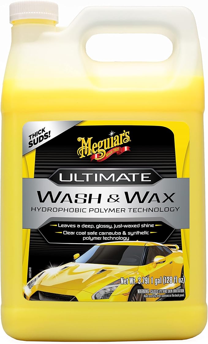Meguiar's Ultimate Wash and Wax, Car Wash Soap and Wax Cleans & Shines in One Step, Shine & Protect with an Enhanced pH Balanced Car Paint Cleaner, 1 Gallon
