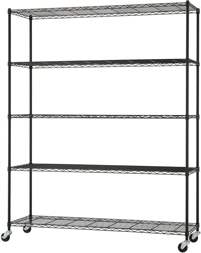 5-Tier Adjustable Wire Shelving with Wheels, Wire Shelf Rack for Kitchen Organization, Garage Storage, 500 to 2500 Pound Capacity, NSF Certified, 60” x 18” x 72”, Black