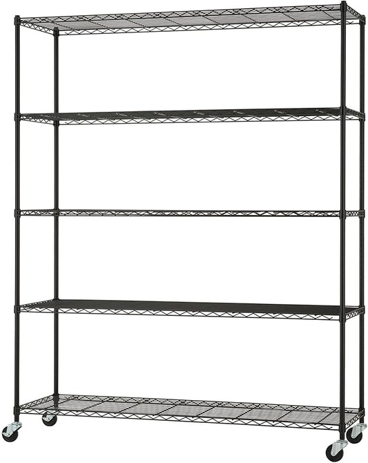 5-Tier Adjustable Wire Shelving with Wheels, Wire Shelf Rack for Kitchen Organization, Garage Storage, 500 to 2500 Pound Capacity, NSF Certified, 60” x 18” x 72”, Black