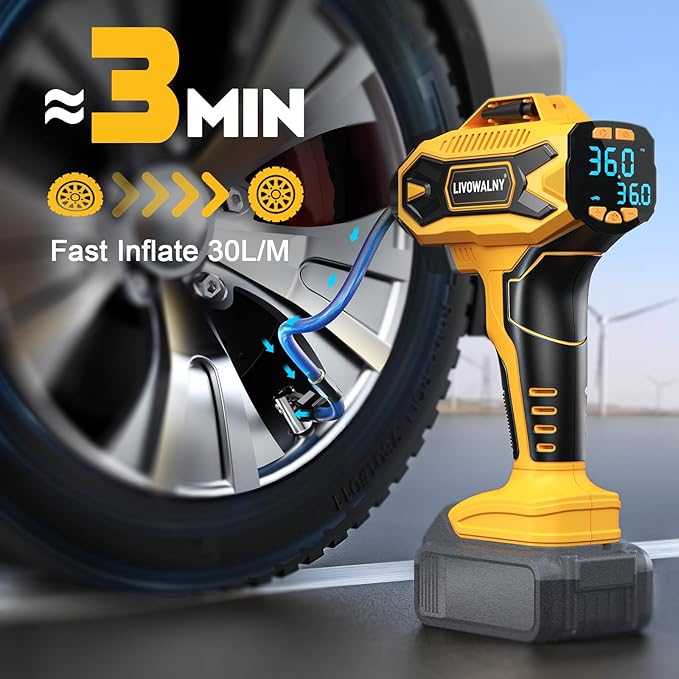 Tire Inflator Air Compressor Compatible with Dewalt 20V Battery, LIVOWALNY 160 PSI Cordless Portable Electric Air Pump 2026 Bigger LCD Digital Pressure Gauge for Car, Bike, Sport Ball (No Battery)