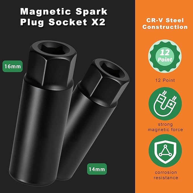 AEROFORCE 9PCS Magnetic Spark Plug Socket Set with a 3/8" Drive Digital Torque Wrench (6.8-135Nm), Includes 12-Point 14mm & 16mm Spark Plug Sockets for cars, motorcycles, lawnmowers