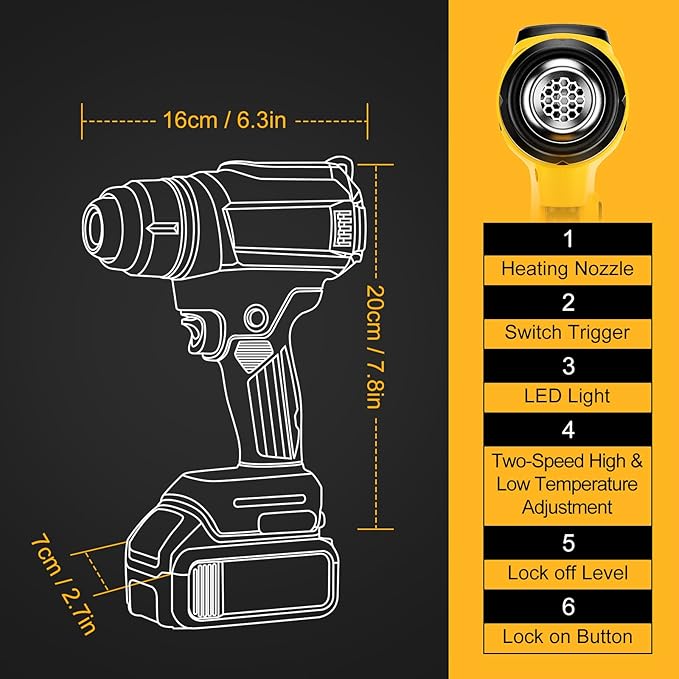 Cordless Heat Gun for Dewalt 20V Battery, 350W, LED Light, Fast Heating with Variable Temperature Control (122℉-1022℉), 4 Nozzles & Scraper for Crafts, Shrink Wrap (No Battery Included)