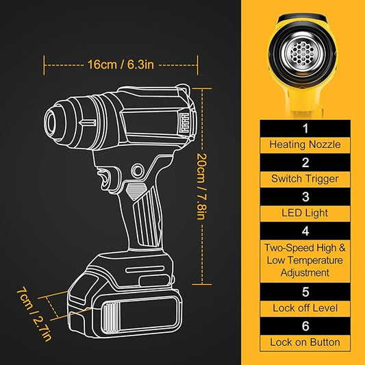 Cordless Heat Gun for Dewalt 20V Battery, 350W, LED Light, Fast Heating with Variable Temperature Control (122℉-1022℉), 4 Nozzles & Scraper for Crafts, Shrink Wrap (No Battery Included)