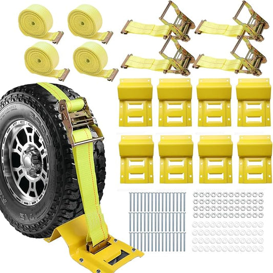 Wheel Chock Tie Down Kit 1500LBS for Trailer & Pickup Trucks - ATV, RZR, Lawn Mower, UTV Tie Down Straps -Heavy Duty Trailer Tire Straps System (4-Wheel Set)