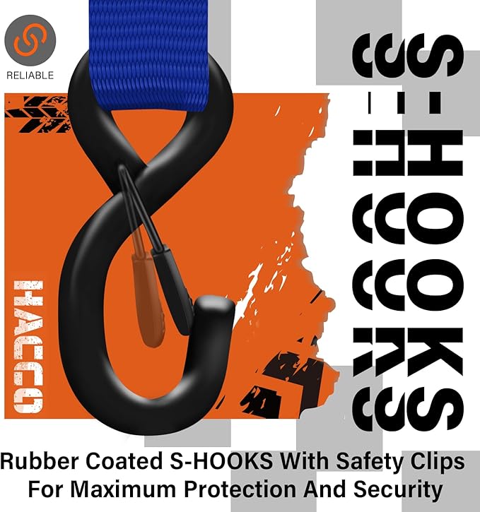 HACCOPLANET Ratchet Straps, 5280lb Break Strengeth, 1.6" Heavy Duty Ratchet Tie Down Strap Set w/Padded Handle, S Hook, Soft Loop for UTV Motorcycle Truck Cargo Straps (Blue, 8FT)