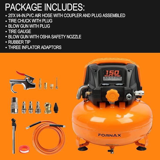 FORNAX Pancake Air Compressor with two couplers, 6 Gallon Portable Electric air compressor, 150 PSI, Oil -Free with 14 PCS Air Compressor Accessories Kit (Kits)