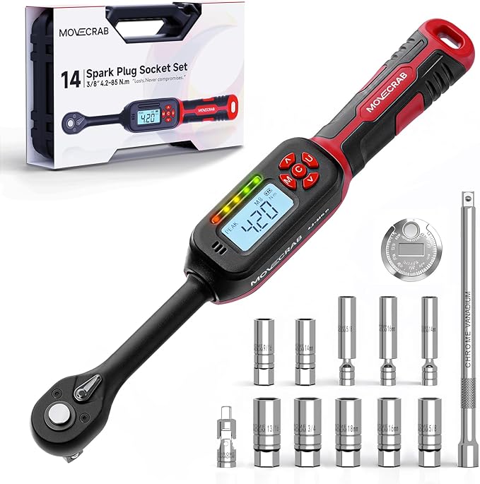 14-Piece 3/8-Inch Drive Spark Plug Socket Set with Torque Wrench (4.2-85 N.m/3-62.6 Ft.Lb), Magnetic Swivel Socket, Universal Joint & Extension Bar, CR-V Steel for Auto Repair