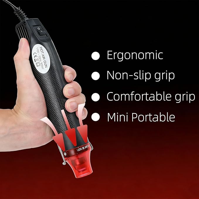 Heat Gun, 110V 300W Handed Hot Air Gun for Crafting, 3.28FT Ultra-Long Cable Portable Heat Gun with Stand and Power Cord for Shrinking Wrapping PVC, DIY Embossing and Drying Paint (Black)