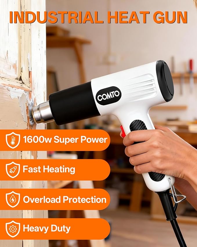 1600W Heat Gun, Hot Air Gun with 2 Temp Settings, 4 Nozzles, Overheat Protection, for Shrink Tubing, Shrink Wrap, Crafting, Resin, and DIY Projects - White