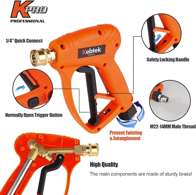 Kebtek Short Handle Pressure Washer Gun Quick Connect, Commercial 5200 PSI /15.8 GPM Power Wash Gun with M22-15mm Coupler 5PCS Nozzle Tips Compatible with Foam Cannon for Car Washing