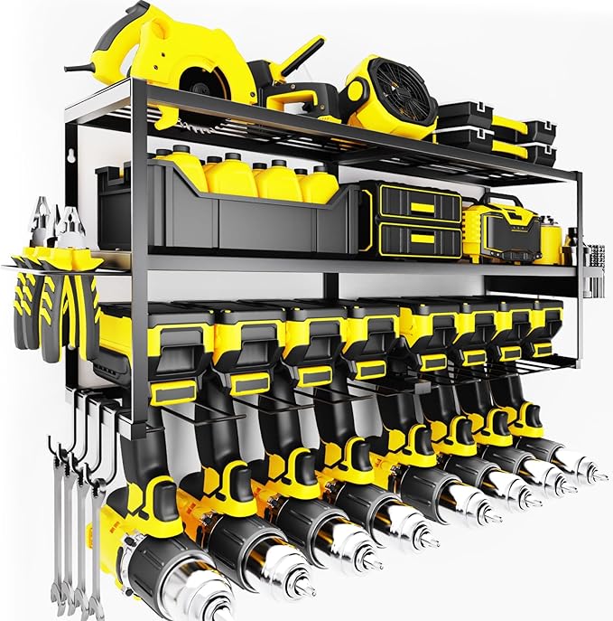Power Tool Organizer Wall Mount Christmas Gifts for Fathers Dad, Extra Large Layers Heavy Duty Metal Organization Loads 300lbs with 8 Cordless Drill Holder, Tool Shelf for Workshop, Utility Racks