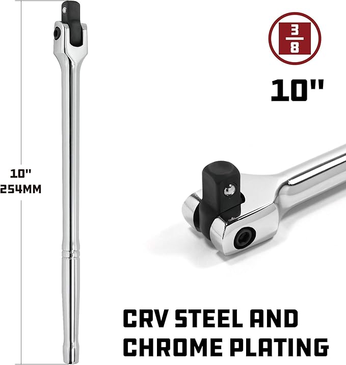 Powerbuilt 3/8" Drive Flex Handle, 10 Inches Long Extension Breaker Bar, Chrome Vanadium Steel Made - 641504