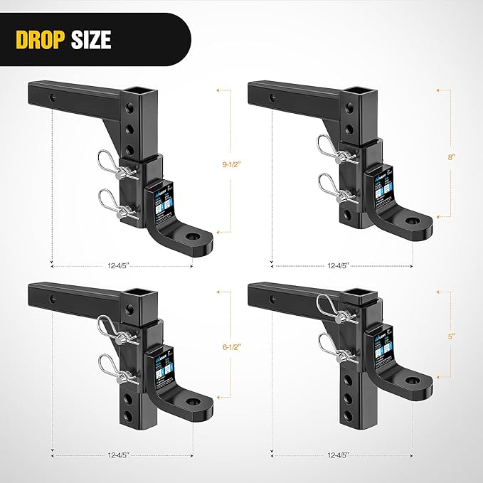 Nilight 8-Position Adjustable Trailer Hitch Ball Mount Fits 2 Inch Receiver with 5/8" Pin Lock 7500 lbs 9-1/2" Drop 8-1/4" Rise 1" Hole Hitch for Trailers Boats Pickups RV