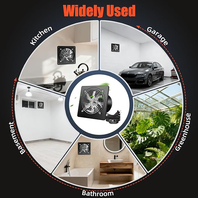 6 Inch Exhaust Fan with Speed Controller, 358CFM Wall Mount Exhaust Fan for Kitchen, Metal Ventilation Extractor Fan with Damper for Bathroom, Garage, Attic, Shop, Pet Room, Smoking Room, Basement