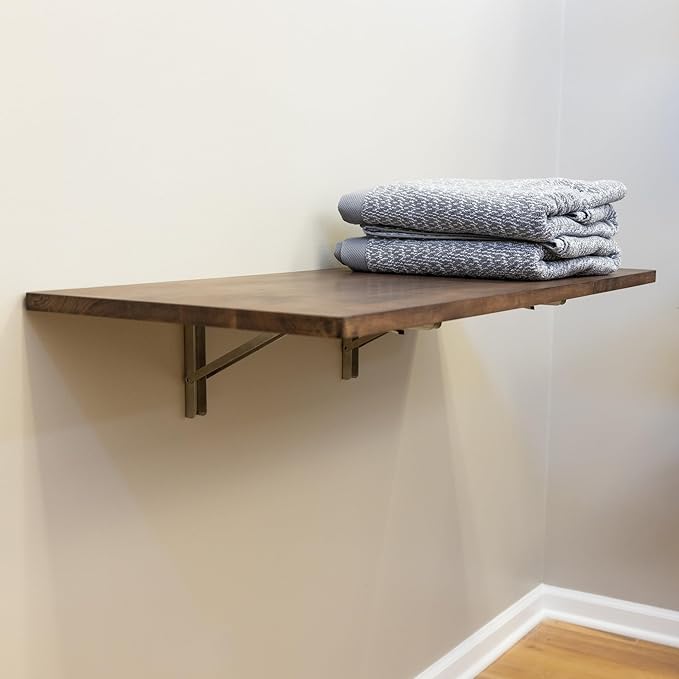 StoreYourBoard Folding Workbench, Wall Mounted Foldaway Table, Solid Dark Wood Butcher Block Desk, 40" x 18", Floating Work Bench, Stainless Steel Brackets, Holds 200 Lbs