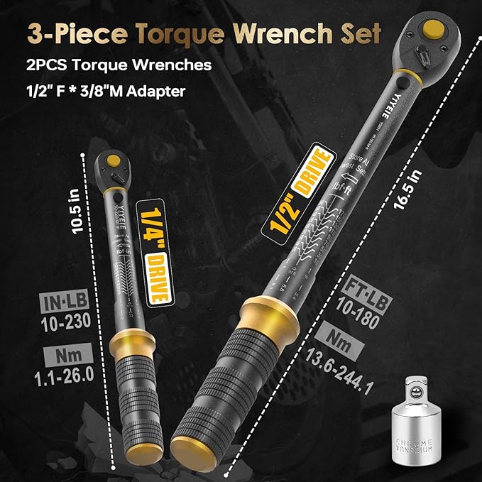 3 in 1 Torque Wrench Set with Upgraded Lock Ring, 1/4" & 1/2" Drive (10-230 In.lb/10-180 Ft.lb) Torque Wrenches with 3/8" Adapter, ±3% Accuracy, 72-Tooth Dual-Scales for Bike, Motor, Car Maintenance