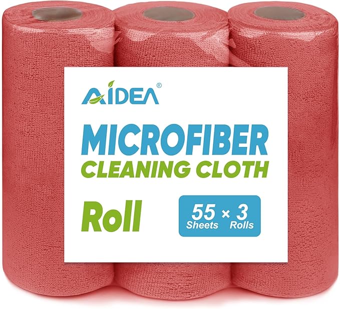 AIDEA Microfiber Cleaning Cloth, 165 Sheets(3 Roll), Micro Fiber Cloth for Cleaning Car, Reusable Paper Towels, Red Shop Rags for Automotive, Mechanic, Workshops, House,11×9"