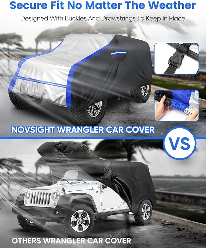 NOVSIGHT Car Cover for Jeep Wrangler 4 Door (2007–2025 JK JKU JL JLU), Waterproof All Weather Outdoor Cover, 6-Layer Heavy Duty, 60 MPH Windproof Straps, Reflective Strips, Soft Lining