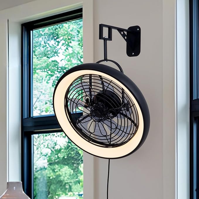 Wall Mounted Fan with Lights, 20” Wall Mount Fan with Remote, 6 Speeds Plug in Wall Fan, Reversible, 3CCT, Dimmable, Noiseless, 360°Adjustable Tilt for Workshop, Patio, Home