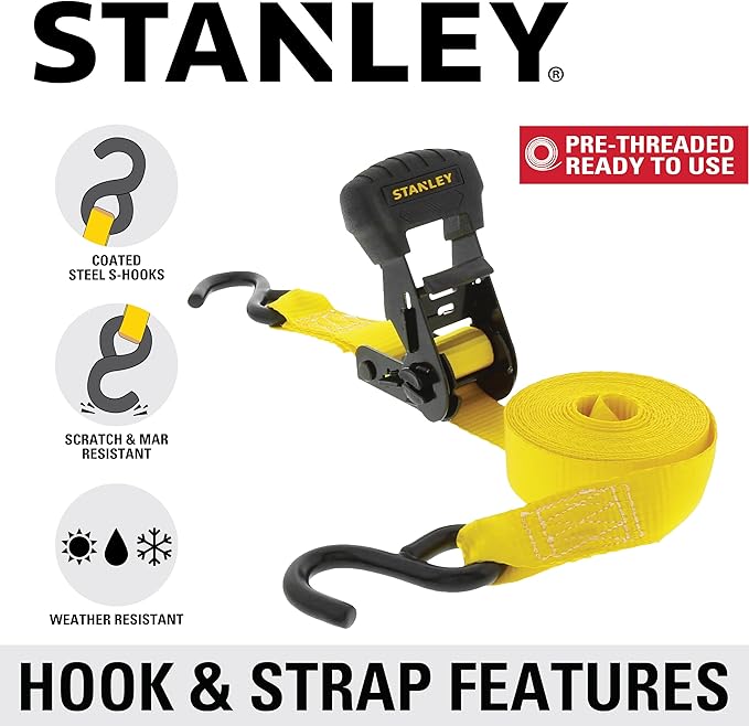 STANLEY S1020 1.25" x 16' Pre-Threaded Ratchet Straps - 1,000 LBS Safe Working Load / 3,000 LBS Break Strength, 2 Pack