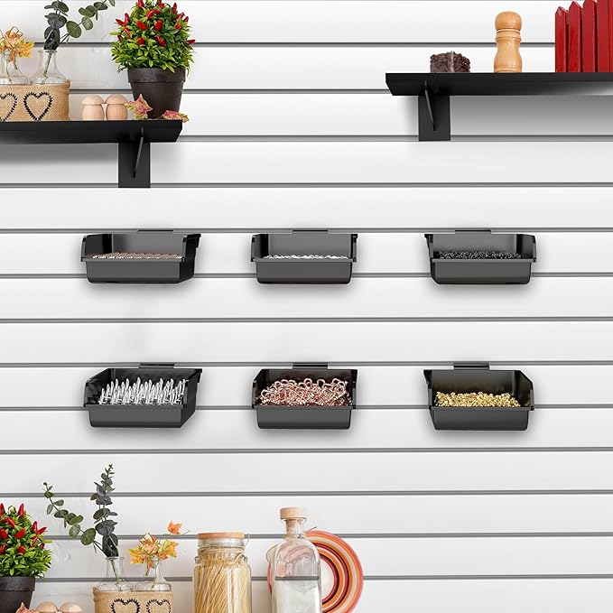 12 Pack Slatwall Bins with Hooks Plastic Slatwall Organizer Slatwall Containers Workbench Bins for Slat Wall Organizing Hardware, Garage, Craft Room, Tool Shed, Hobby Supplies (12, Black)