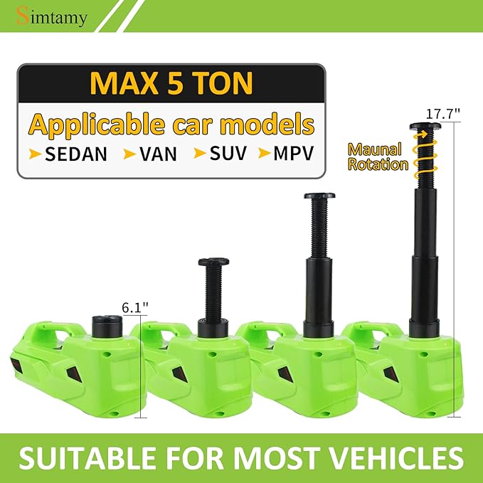 Electric Car Jack 5Ton 12V Hydraulic Car Jack Lift (Lifting Range: 6.1~17.7 inch) Built-in Safety Hammer, and LED Light for SUV MPV Sedan Truck Change Tires Garage Repair