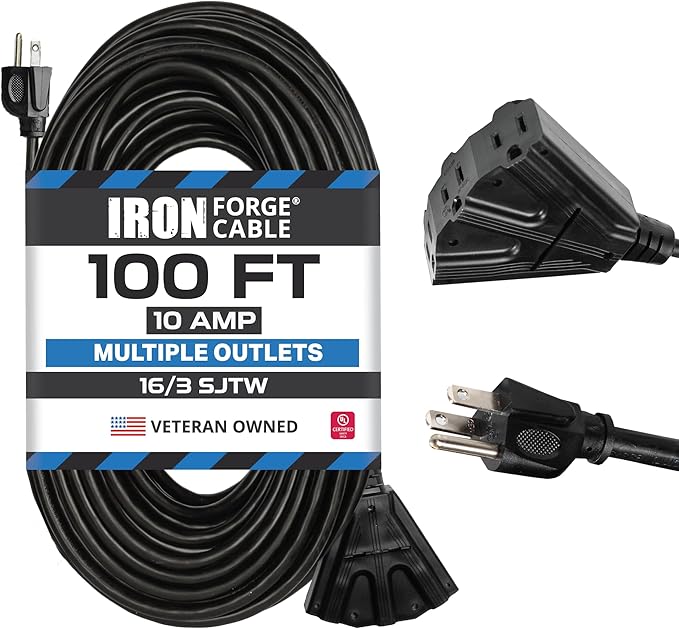 Iron Forge Cable 100 Ft Black Extension Cord with 3 Outlets - 16/3 SJTW 100 Foot Extension Cord 3 Prong, Weatherproof Exterior Power Cable for Outdoor