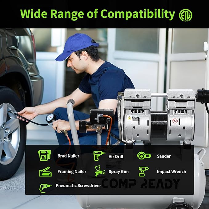 8 Gallon Portable Air Compressor 1HP 2.5 CFM@90PSI 60dB Ultra Quiet Oil Free Air Compressor Ideal for Tire Inflation Pneumatic Tool Spray Painting