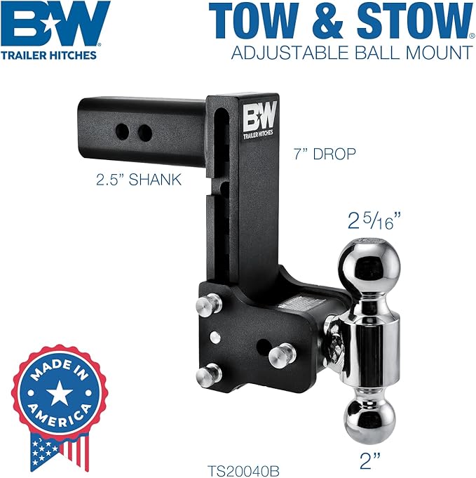 B&W Trailer Hitches Tow & Stow Adjustable Trailer Hitch Ball Mount - Fits 2.5" Receiver, Dual Ball (2" x 2-5/16"), 7" Drop, 18,000 GTW - TS20040B