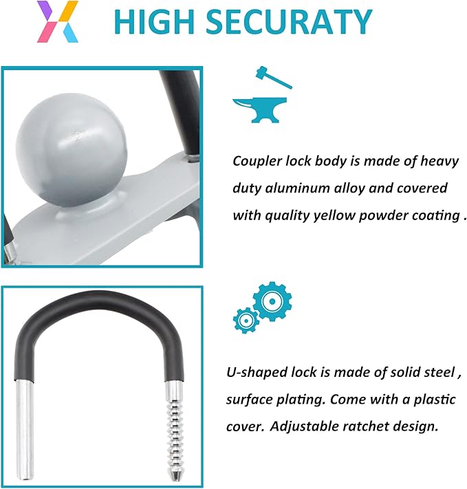 X-Haibei Universal Coupler Lock Trailer Hitch Lock Fits 1 7/8, 2 and 2 5/16 inch Couplers, Adjustable Trailer Lock Ball Hitch, Heavy Duty Aluminum Body, Copper Lock Cylinder, Rustproof, Gray