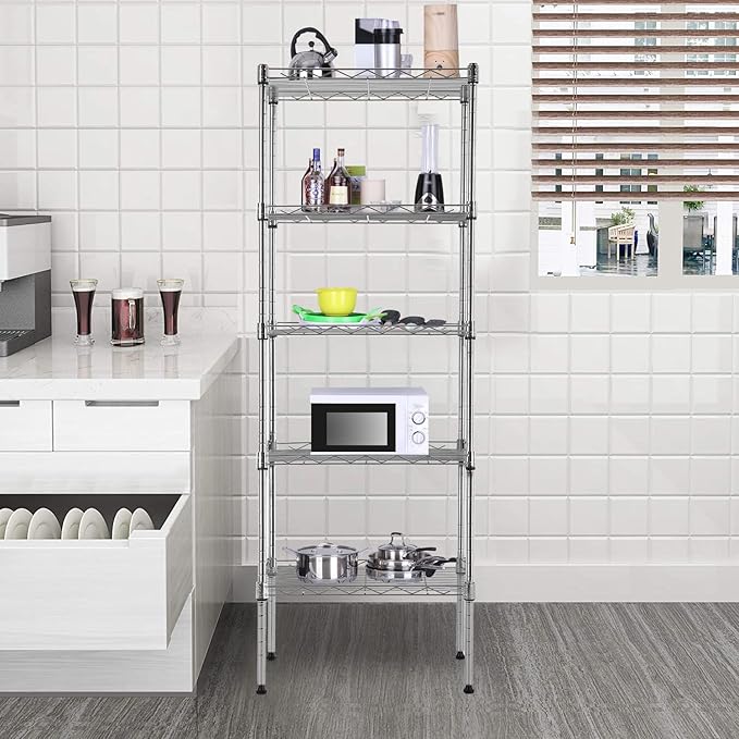BestOffice Adjustable NSF-Certified Metal Shelf Wire Shelving Unit Storage for Small Places Restaurant Garage Pantry Kitchen Garage Rack (Chrome, 16.7L×11.8W×47.6H)