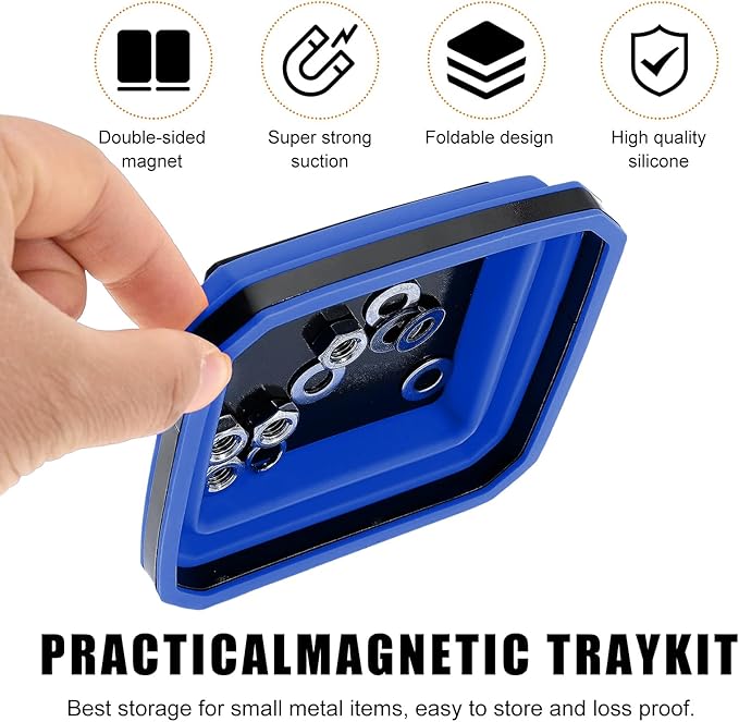 Collapsible Magnetic Parts Tray, 4.5 Inch Foldable Magnetic Square Silicone Tray, Tool Tray Set with Double-Sided Magnetic Base for Screw Bolts Nuts Pins, Car Accessories (Black+Blue, 2 PCS)