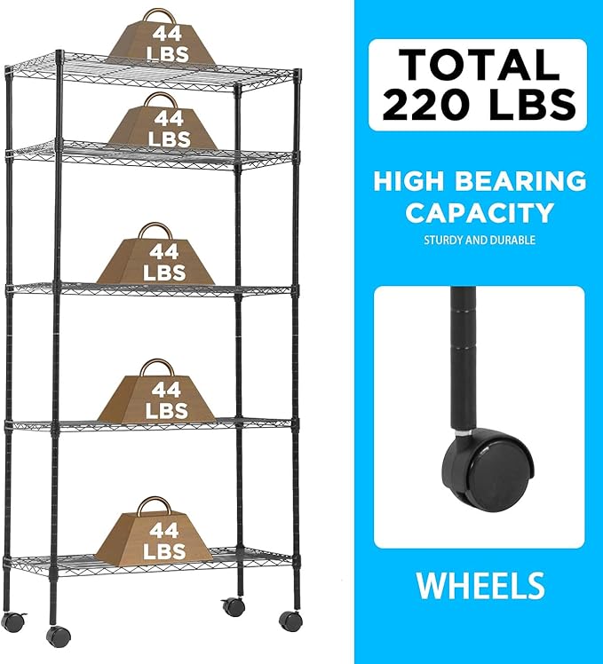 30" L×14" W×60" H Wire Shelving Unit Metal Shelf with 5 Tier Casters Adjustable Layer Rack Strong Steel for Restaurant Garage Pantry Kitchen Garage，Black