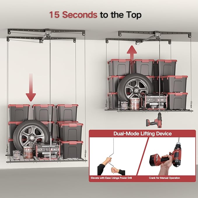 Overhead Garage Storage Rack for 8-10 FT Ceiling, Heavy-duty 4x4 FT Ceiling Storage Racks with Safety Lock, Ideal for Garage Storage Mounted Lift System and Storage Organizer, 250lbs Capacity
