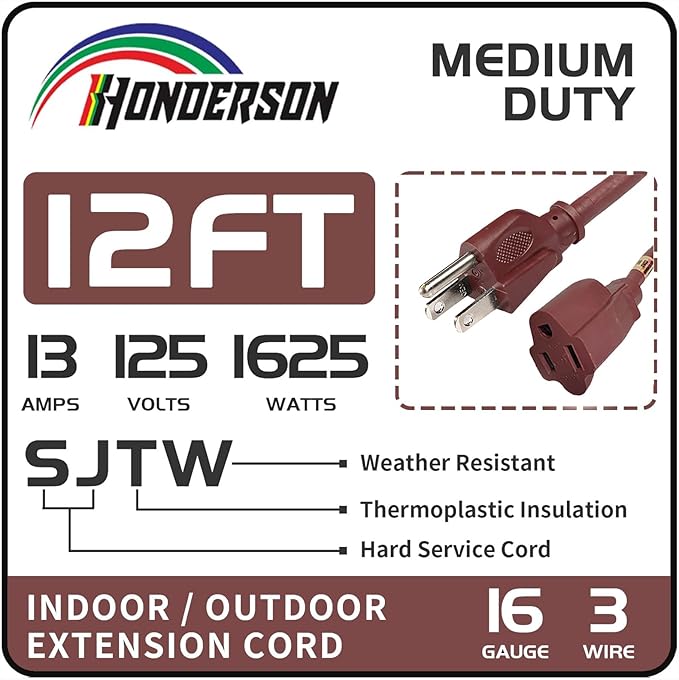 12FT Brown Outdoor Extension Cord-16/3 SJTW Durable Extension Cord for Christmas Lights with 3 Prong Grounded Plug, Great for Outside Christmas Decorations