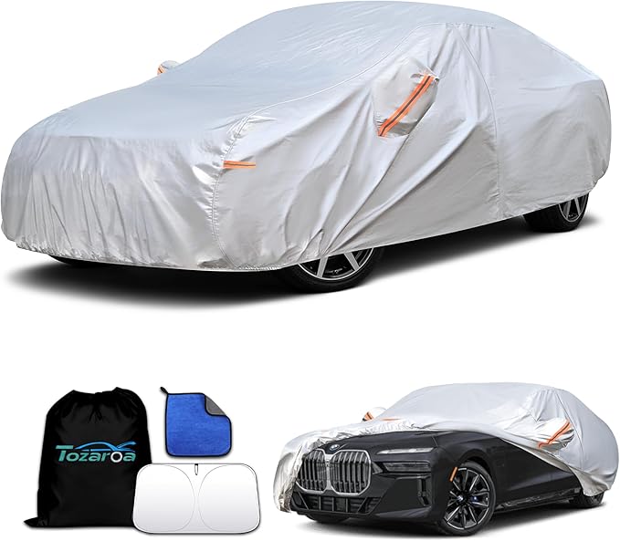 Car Cover Waterproof All-Weather,Heavy-Duty Outdoor Full Exterior Automobiles Snow Cover for Sedan 204-208 inch,with Sun Visor,Anti-Scratch Cotton Lining & Zippered,Towel&Storage Bag
