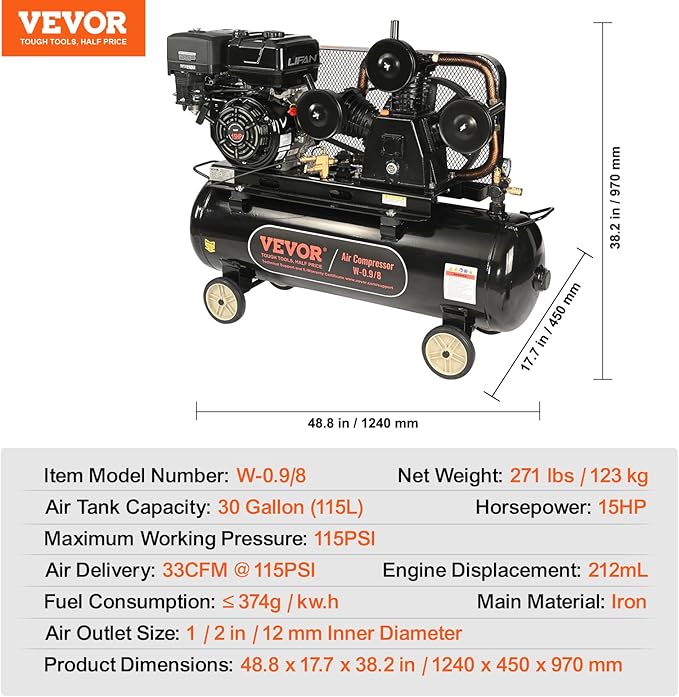 VEVOR 15HP Gas Powered Air Compressor, 30 Gallon Horizontal Air Compressor Tank, 33CFM@115PSI Gas Driven Piston Pump Air Compressed System with 115PSI Max Pressure for Construction Sites Workshop