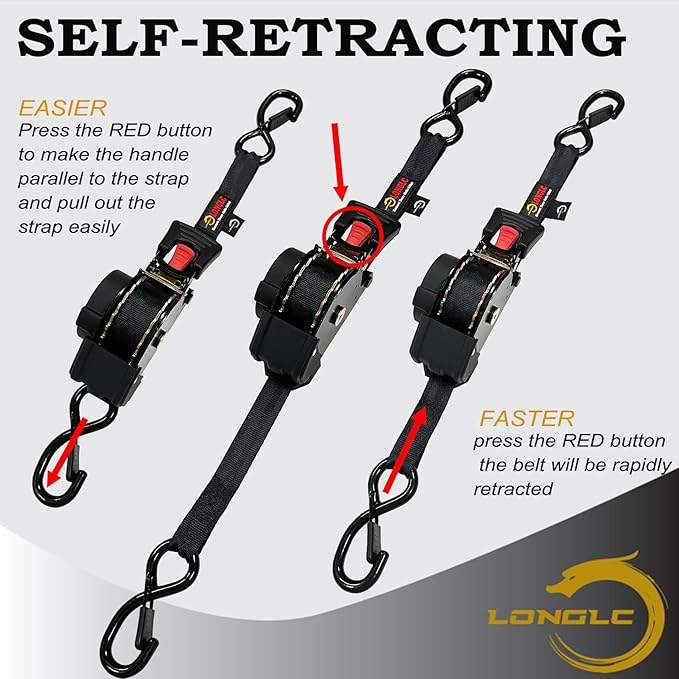 4-Pack Retractable Ratchet Straps Black Heavy Duty - 1 Inch X 10Feet with Soft Loops, 2,000lbs Breaking Strength - Best for Trucks, Cargo Trailer, Motorcycle, Tie Down Straps Ratchet