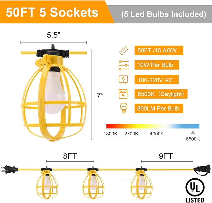 Construction String Lights, 50FT 50W 5 Bulbs Work Lights with E26 Base, IP65 Waterproof, 4000LM 6500K Indoor & Outdoor Temporary Lighting for Workshop, Mine cave, Job Site