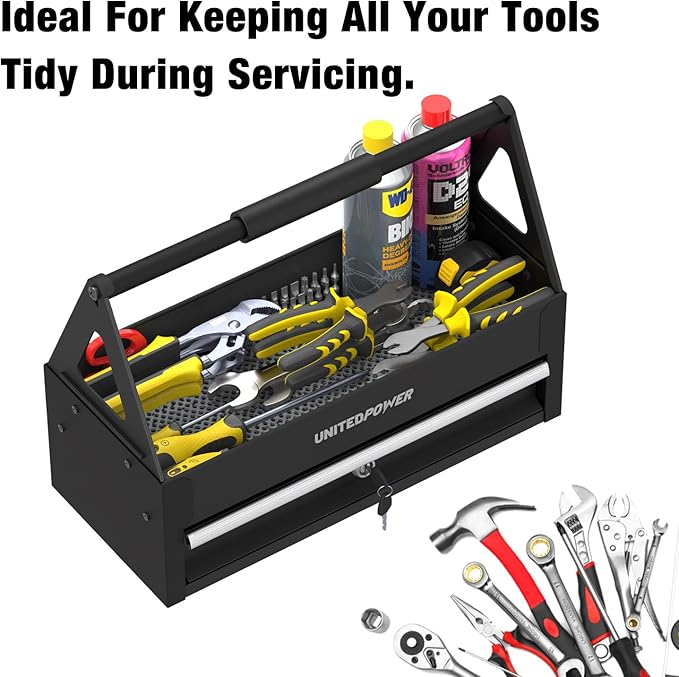 UNITEDPOWER Handy Tool Box With 1 Drawer，Portable Metal Tote Tray with comfortable grip handle, Tool Organization for Household, Warehouse, Repair Shop, Black