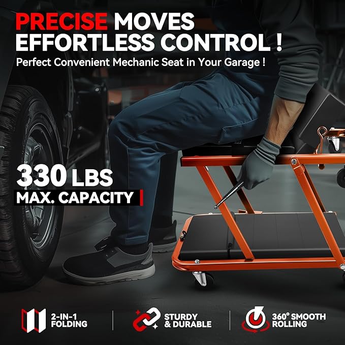 Auto Dynasty 48" Z-Creeper Seat, 2-in-1 Foldable Garage Rolling Creeper Shop Seat, 330 LBS Capacity Automotive Mechanic Under Car Repair Tool, Orange