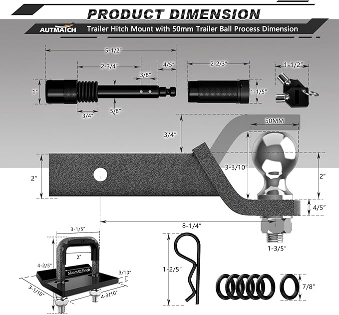 AUTMATCH Trailer Hitch Ball Mount with 2 Inch Hitch Ball - Fits 2" Receiver with Hitch Tightener, 8000Lbs Capacity Ball Hitch, 2-Inch Drop with 5/8" Hitch Lock Pin, Grainstone