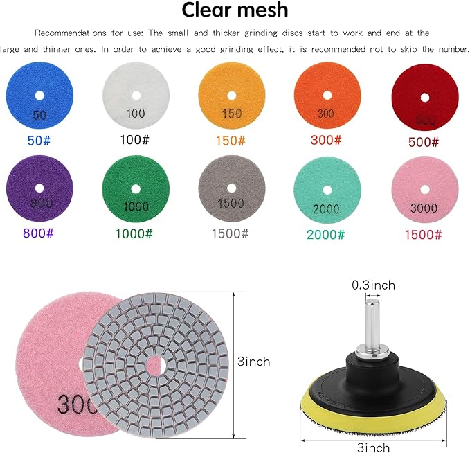 Diamond Polishing Pads 3 inch Wet/Dry Polishing Kit 10pcs 50#-3000# Grit Pads Plus a Backer Pad for Granite Concrete Marble Polishing
