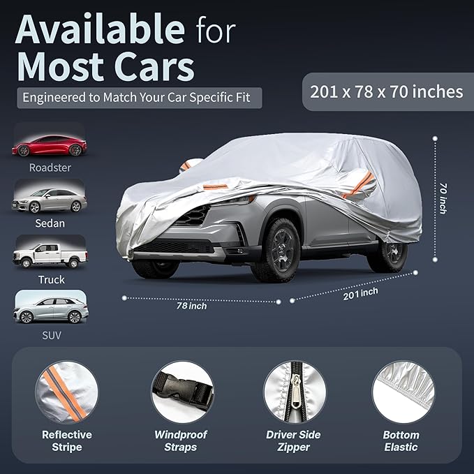 Car Cover Waterproof All-Weather,Heavy-Duty Outdoor Full Exterior Automobiles Snow Cover for SUV 191-201 inch,with Sun Visor,Anti-Scratch Cotton Lining & Zippered,Towel&Storage Bag
